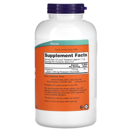 Калий глюконат, Potassium Gluconate, NOW Foods, чистый порошок, 454 г