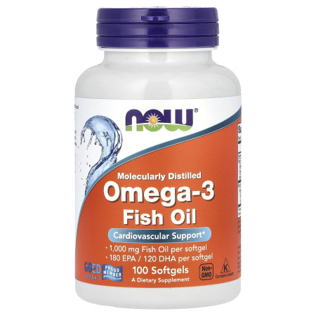 Омега-3, риб'ячий жир, Omega-3, NOW Foods, 1000 мг, 180 ЕПК – 120 ДГК, 100 гелевих капсул