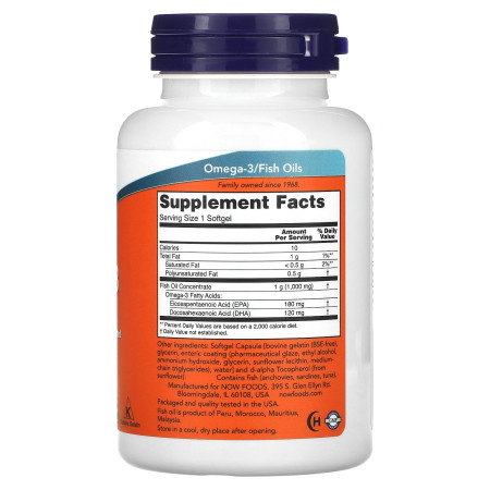 Омега-3, рыбий жир, Omega-3, NOW Foods,1000 мг, 180 ЭПК – 120 ДГК, с контролируемым запахом, в кишечнорастворимой оболочке, 90 гелевых капсул 