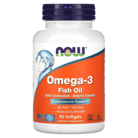 Омега-3, риб'ячий жир, Omega-3, NOW Foods, 1000 мг, 180 ЕПК – 120 ДГК, з контрольованим запахом, в кишковорозчинній оболонці, 90 гелевих капсул