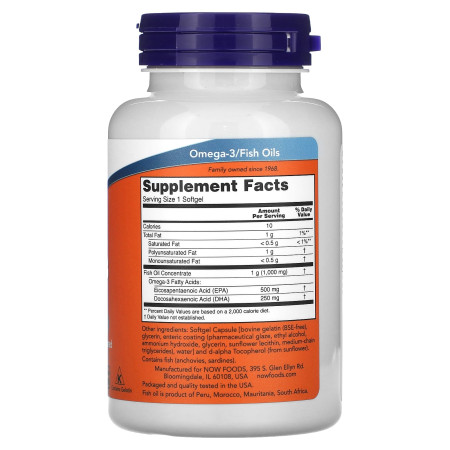 Омега 3, рыбий жир, Ultra Omega-3, NOW Foods, 500 ЭПК/250 ДГК, 90 гелевых капсул с кишечнорастворимой оболочкой