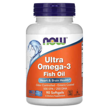 Омега 3, риб'ячий жир, Ultra Omega-3, NOW Foods, 500 ЕПК/250 ДГК, 90 гелевих капсул з кишковорозчинною оболонкою