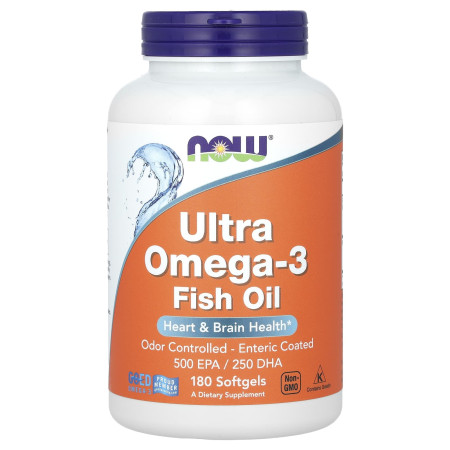 Омега 3, Ultra Omega-3, NOW Foods, риб'ячий жир, 180 капсул з кишковорозчинною оболонкою