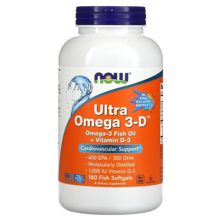 Омега 3-D ультра, Omega 3-D, 600 EPA/300 DHA, NOW Foods, 180 рибних гелевих капсул