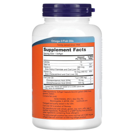 Рыбий жир из печени трески, Cod Liver Oil, NOW Foods, 1000 мг, 180 гелевых капсул