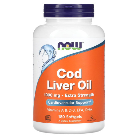 Рыбий жир из печени трески, Cod Liver Oil, NOW Foods, 1000 мг, 180 гелевых капсул