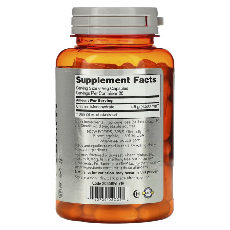 Креатин моногидрат, Creatine Monohydrate, NOW Foods, Sports, 750 мг, 120  вегетарианских капсул