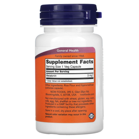 Мелатонін, Melatonin, Now Foods, 3 мг, 60 вегетаріанських капсул
