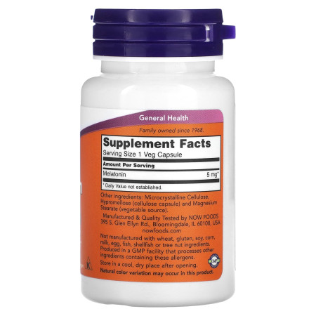 Мелатонін, Melatonin, Now Foods, 5 мг, 60 вегетаріанських капсул