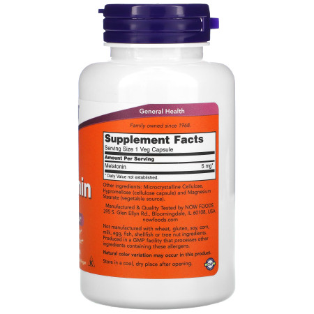 Мелатонин, Melatonin, Now Foods, 5 мг, 180 вегетарианских капсул