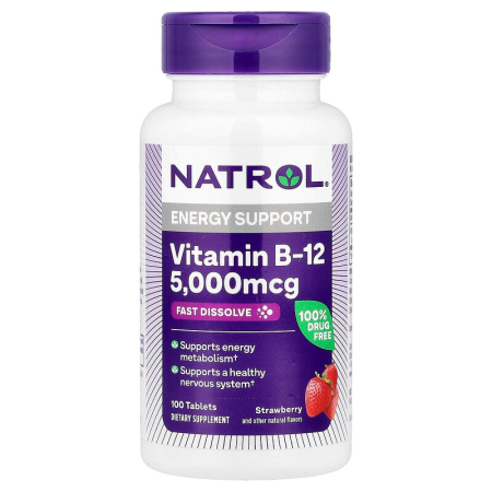 Вітамін В12, Vitamin B-12, Natrol, 5000 мкг, смак полуниці, 100 таблеток