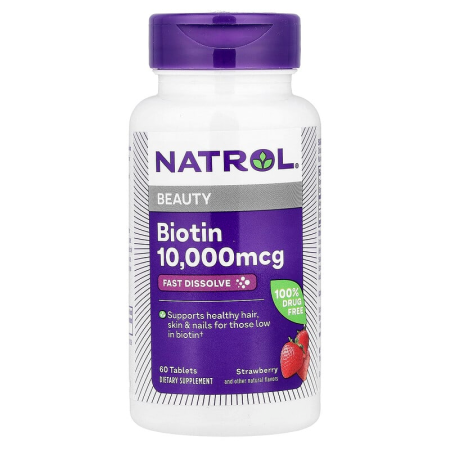 Біотин, Biotin, Natrol, 10000 мкг, зі смаком полуниці, 60 легкорозчинних таблеток