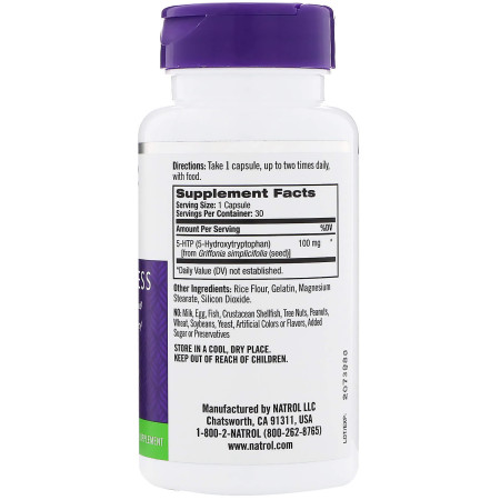 5-гидрокситриптофан, 5-НТР, Natrol, 100 мг, 30 капсул