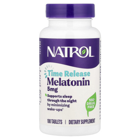 Мелатонін, Melatonin, Natrol, повільне вивільнення, підвищена сила дії, 5 мг, 100 таблеток