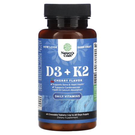 Витамины D-3 и K-2, Vitamin D-3 K-2, Nature's Craft, вишня, 60 жевательных таблеток