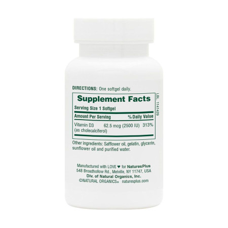 Витамин D3, Vitamin D3, Nature's Plus, 62.5 мкг (2500 МЕ), 90 гелевых капсул