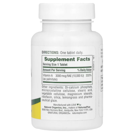 Вітамін А, Vitamin A, Nature's Plus, водорозчинний, 10000 МО (3000 мкг), 90 таблеток