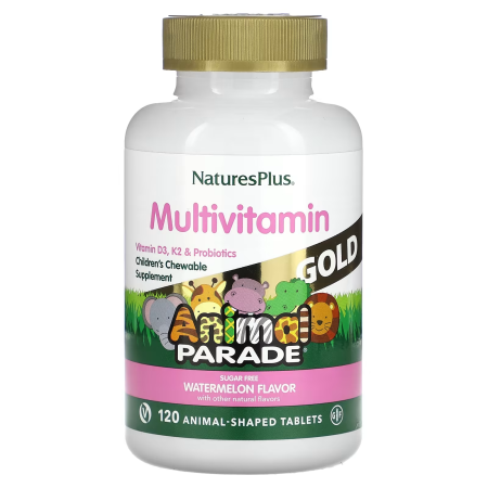 Вітаміни для дітей, Source of Life Animal Parade Gold, Nature's Plus, Animal Parade, з мікроелементами для дітей, зі смаком кавуна, 120 таблеток у формі тварин