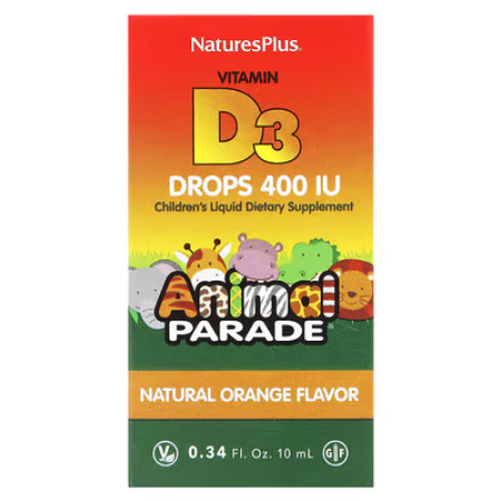 Вітамін D3, Vitamin D3 Drops, Nature's Plus, Animal Parade, у краплях, з натуральним апельсиновим смаком, 10 мкг (400 МО), 10 мл