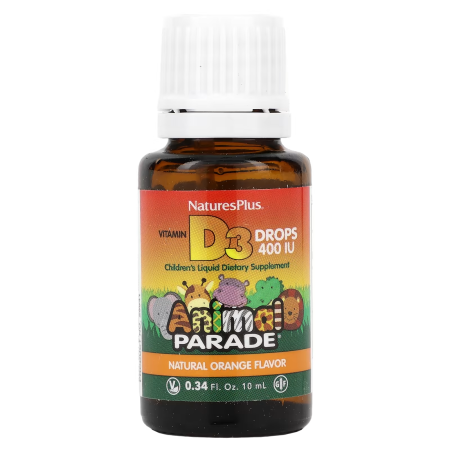 Витамин D3, Vitamin D3 Drops, Nature's Plus, Animal Parade, в каплях, с натуральным апельсиновым вкусом, 10 мкг (400 МЕ), 10 мл