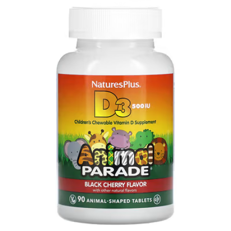 Вітамін D-3, Vitamin D 3, Nature's Plus, Animal Parade, зі смаком черешні, 12,5 мкг (500 МО), 90 таблеток у формі тварин