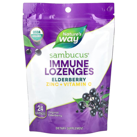 Чорна бузина, підтримка імунітету, Sambucus Elderberry, Nature's Way, органік, 24 льодяники