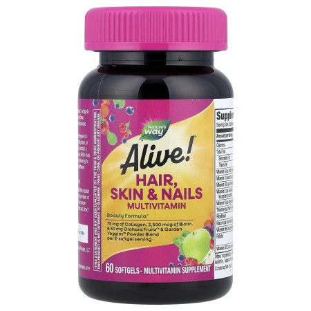 Мультивітаміни для волосся, шкіри та нігтів, Alive!® Hair, Skin & Nails Multivitamin, Nature's Way, 60 гелевих капсул