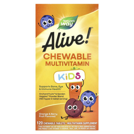 Мультивітаміни для дітей від 2 років, Alive!® Kids, Chewable Multivitamin, Nature's Way, зі смаком апельсину та ягід, 120 жувальних таблеток