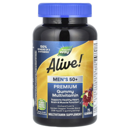 Мультивітаміни для чоловіків 50+, Alive! Men's Multi-Vitamin Multi-Mineral, Nature's Way, апельсин, виноград і вишня, 75 жувальних цукерок
