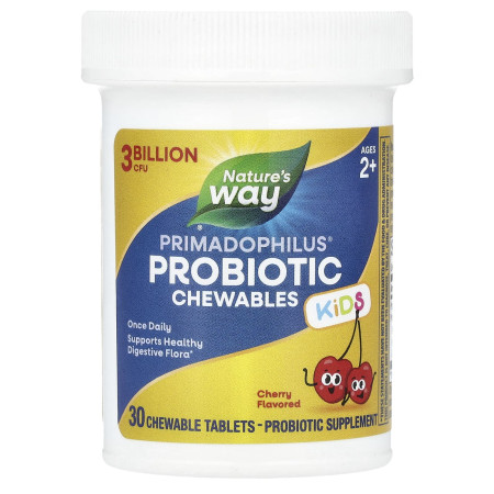 Пробиотики для детей, Primadophilus® Kids Probiotic Chewable, Nature's Way, для детей от 2 лет, с вишнёвым вкусом, 3 млрд КОЕ, 30 жевательных таблеток