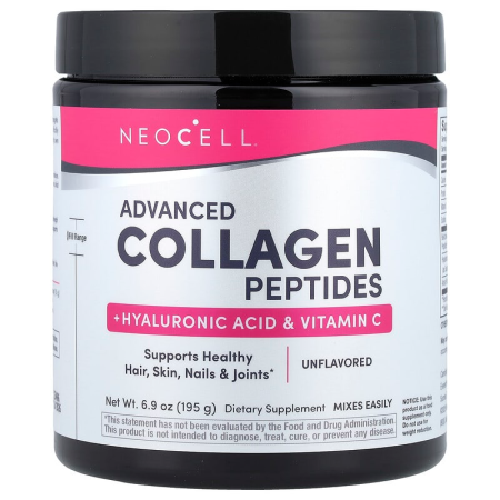 Колагенові пептиди + гіалуронова кислота та вітамін С, Collagen Peptides, Neocell, покращений комплекс, без смаку, 195 грам