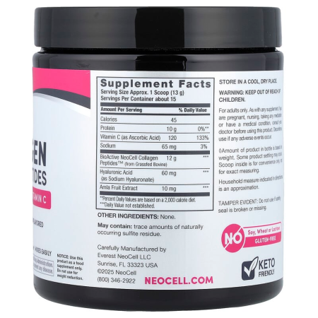 Колагенові пептиди + гіалуронова кислота та вітамін С, Collagen Peptides, Neocell, покращений комплекс, без смаку, 195 грам
