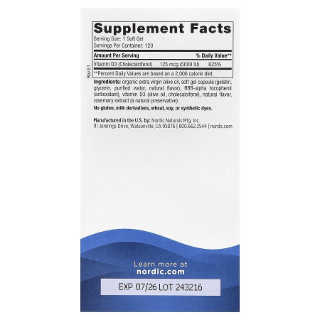 Витамин D3, Vitamin D3, Nordic Naturals, апельсин, 125 мкг (5000 МЕ), 120 мини гелевых капсул