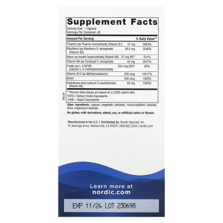 Витамины группы В, Vitamin B Complex, Nordic Naturals, 45 капсул