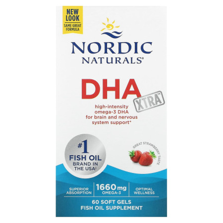 Докозагексаеновая кислота экстра, DHA Xtra, Nordic Naturals, вкус клубники, 60 гелевых капсул