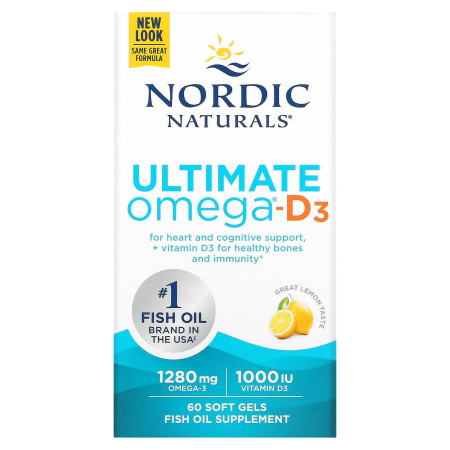 Омега-3 и витамин D, Ultimate Omega-D3, Nordic Naturals, со вкусом лимона, 1280 мг, 60 гелевых капсул