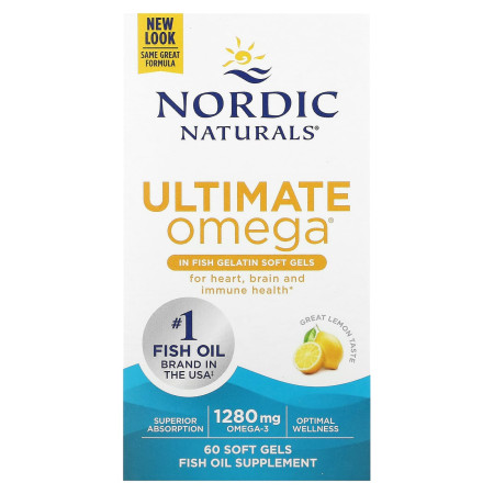 Омега-3, Ultimate Omega, Nordic Naturals, с лимонным вкусом, 1280 мг, 60 гелевых капсул