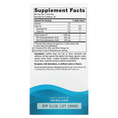 Омега-3, Ultimate Omega, Nordic Naturals, с лимонным вкусом, 1280 мг, 60 гелевых капсул