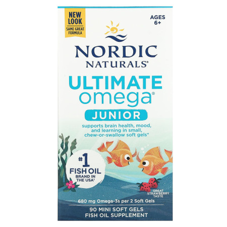 Омега-3, Ultimate Omega Junior, Nordic Naturals, для детей от 6 лет, с клубничным вкусом, 680 мг, 90 гелевых капсул  (340 мг на капсулу)