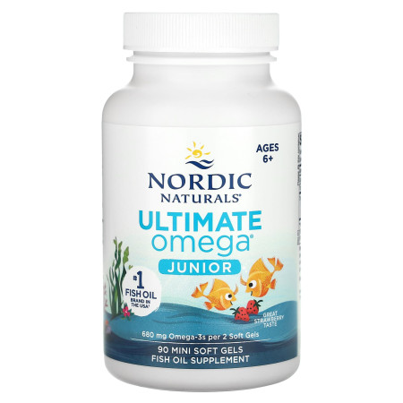 Омега-3, Ultimate Omega Junior, Nordic Naturals, для детей от 6 лет, с клубничным вкусом, 680 мг, 90 гелевых капсул  (340 мг на капсулу)