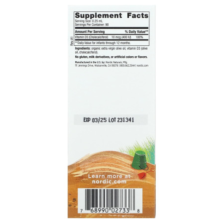 Витамин D3 для детей, Baby's Vitamin D3, Nordic Naturals, жидкий, 10 мкг (400 МЕ), 22,5 мл