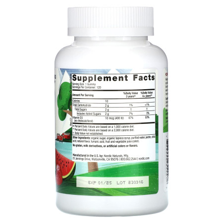 Витамин D3 для детей, Vitamin D3 Gummies KIDS,  Nordic Naturals,  для детей от 3 лет, со вкусом арбуза, 400 МЕ, 120 жевательных конфет