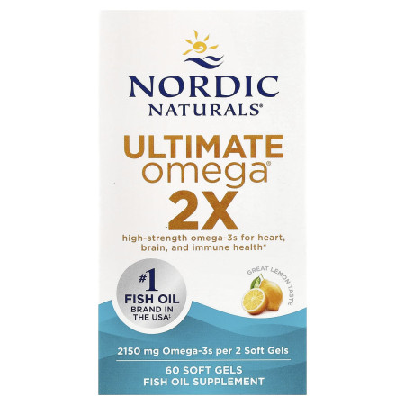 Омега 2х, лимонный вкус, Ultimate Omega 2x, Nordic Naturals, 60 гелевых капсул (1075 мг на капсулу)