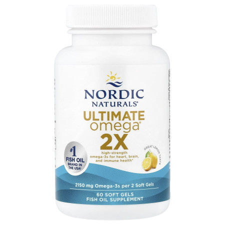 Омега 2х, лимонный вкус, Ultimate Omega 2x, Nordic Naturals, 60 гелевых капсул (1075 мг на капсулу)