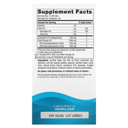 Омега-3 з коензимом Q10, Omega + CoQ10, Nordic Naturals, 640 мг, лимон, 60 гелевих капсул