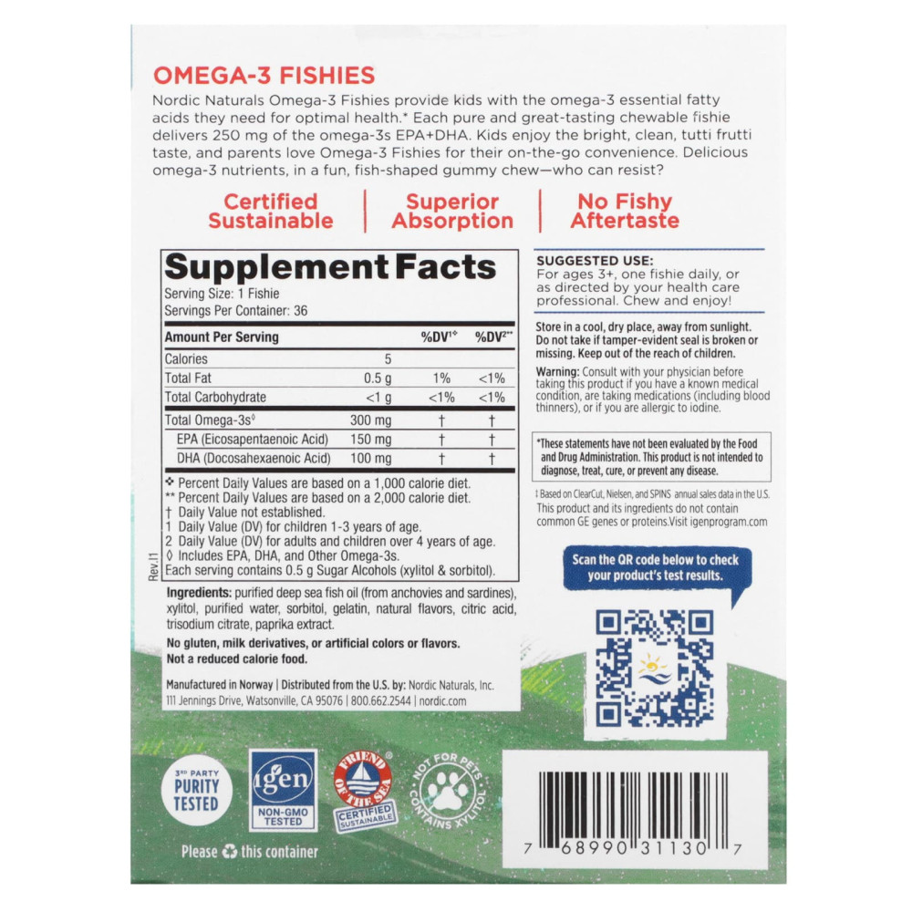 Рыбий жир для детей, Nordic Omega-3 Fishies, Nordic Naturals, фрукты, 300 мг, 36 жевательных конфет