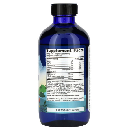 Рыбий жир из печени трески и D3, Arctic-D Cod Liver Oil, Nordic Naturals, лимон, 237 мл