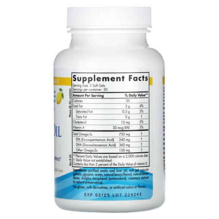 Рыбий жир из печени трески, Cod Liver Oil, Nordic Naturals, лимон, арктический, 1000 мг, 90 гелевых капсул