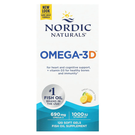 Рыбий жир омега-D3, Omega-3D, Nordic Naturals, лимон, 120 гелевых капсул