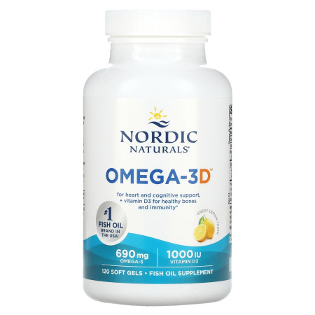Рыбий жир омега-D3, Omega-3D, Nordic Naturals, лимон, 120 гелевых капсул